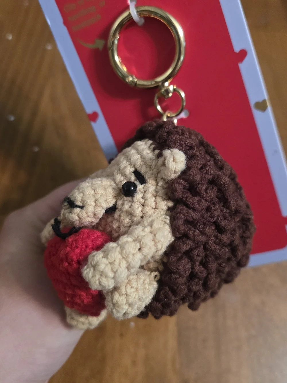 piper.k Handmade Brown Hedgehog Keychain with Red Heart